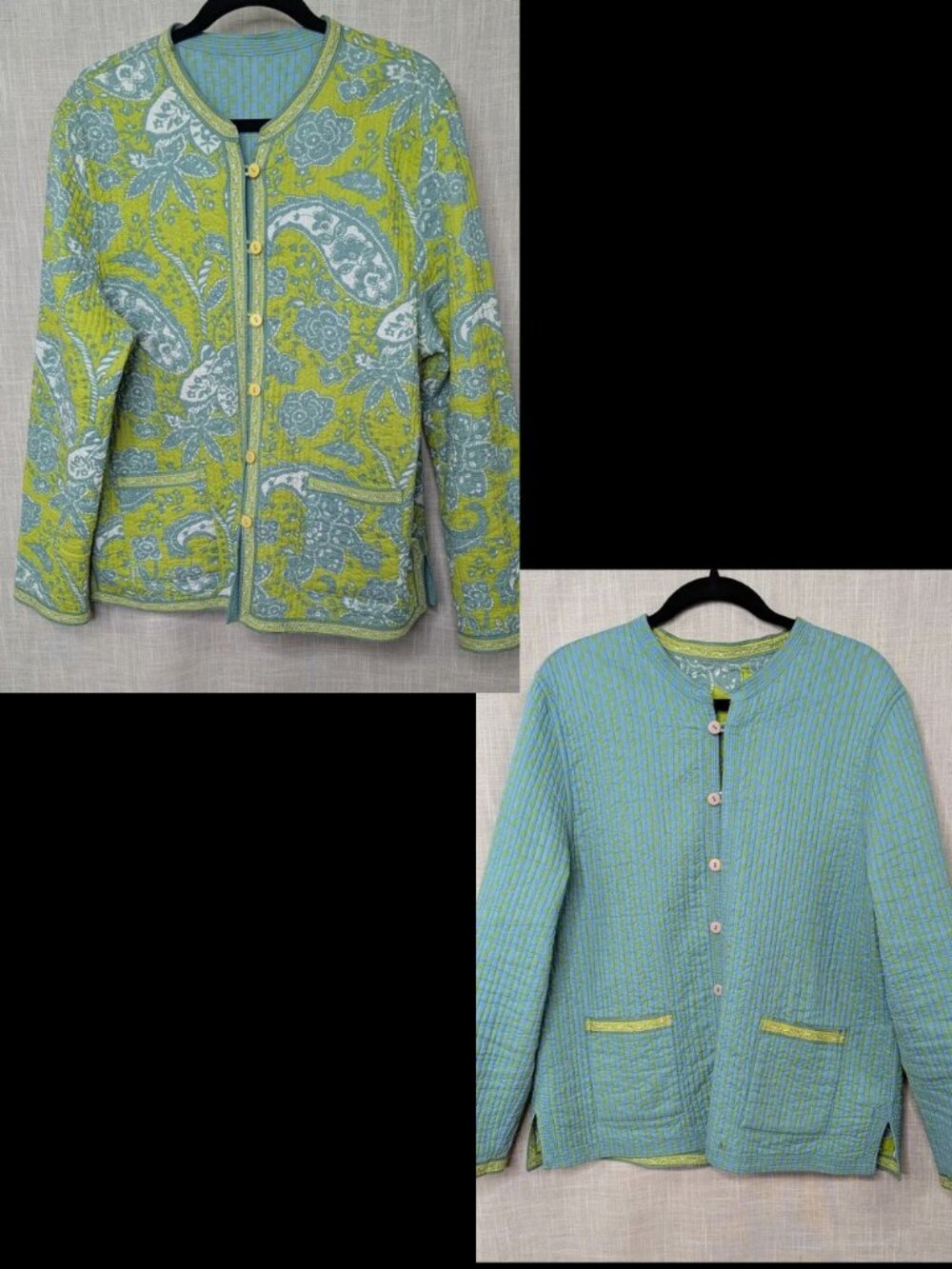 Handcrafted Quilted Reversible Jacket Womens XL Paisley Teal Lime